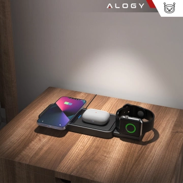 Kabelloses induktives Ladegerät Qi QC 3.0 3in1 Fast für Apple iPhone Airpods Watch Ladestation 15W schwarz