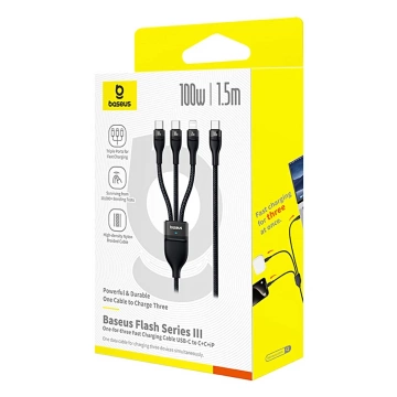 Kabel 3w1 Baseus 100W USB-C/USB-C/Lightning 1,5m LED Czarny