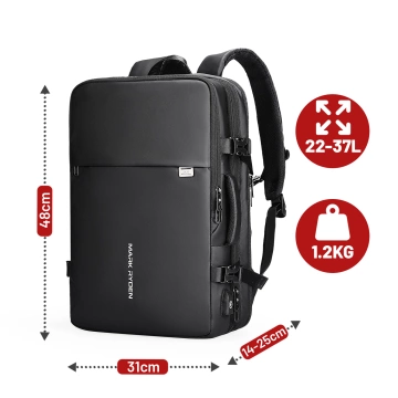 Mark Ryden 17,3"-Laptop-Rucksack, USB-Anschluss, wasserdicht, minimalistisch und geräumig (37 l), komfortabel, erweiterbar durch 180°-Öffnung, 48 × 31 × 14–25 cm – Schwarz