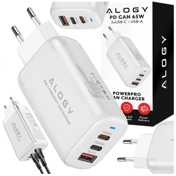 Ładowarka Sieciowa Szybka 3w1 do telefonu samsung iphone GaN3 65W PD i QC, Porty 2x USB-C 65W + USB-A 30W, Alogy GaNCharge Compact™ – Biała