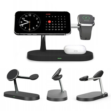 Ładowarka indukcyjna Qi Mag Safe 15W do iPhone Apple Watch AirPods bezprzewodowa 5w1 Stacja dokująca Czarna