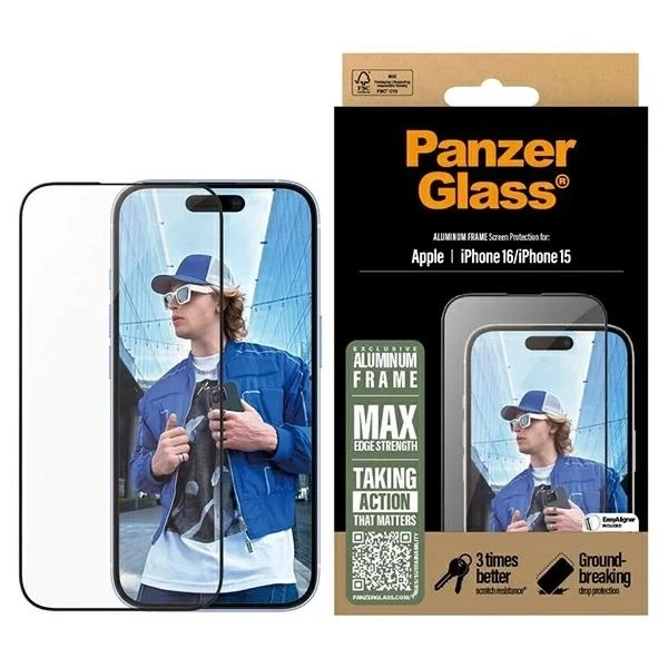 Gehärtetes Glas für iPhone 16 PanzerGlass Displayschutzfolie Aluminiumrahmen Ultraweite Passform mit Aluminiumrahmen
