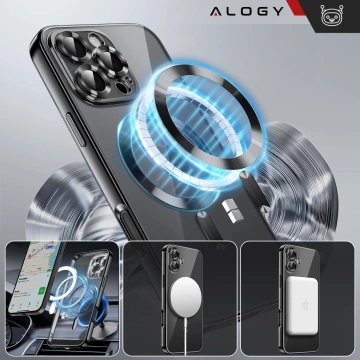 Etui MagSafe Case do Apple iPhone 16 Pro Max Alogy Glamour Luxury Ring obudowa czarno-przezroczyste + SZKŁO HARTOWANE