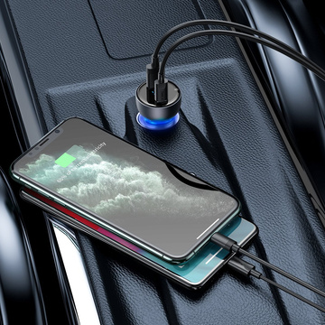 Ładowarka samochodowa Baseus Particular Digital Display z wyświetlaczem, USB + USB-C, QC3.0+PD, 5A, 65W (szara) + kabel USB-C 1m 100W (czarny)