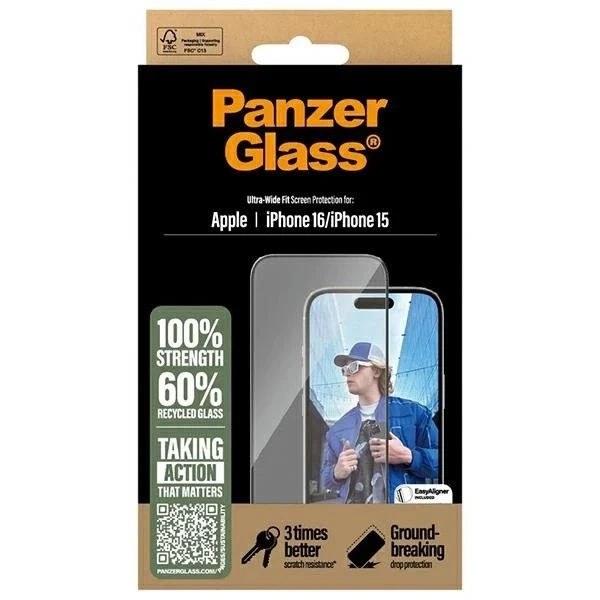 PanzerGlass Displayschutz Ultra-Wide Fit aus gehärtetem Glas für iPhone 16