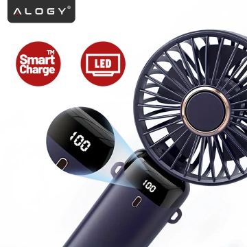 Wentylator Wiatrak Ręczny Bezprzewodowy, Przenośny i Biurkowy, z Uchwytem na Telefon, Ładowanie USB-C, Bateria 18650, Alogy CoolBreeze™ – Granatowy