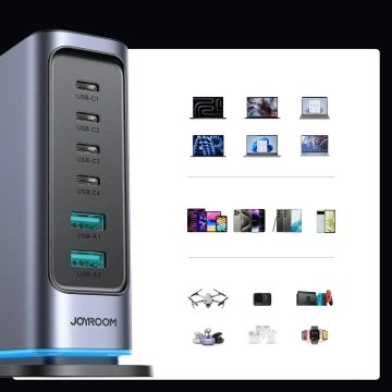 Wieloportowa ładowarka Joyroom 65W GaN, 4x USB-C, 2x USB-A, ciemnoszara
