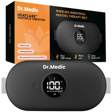 Pas Grzejący z Masażerem na okres i plecy - przeciwbólowy, ciepło + wibracje, 6 poziomów intensywności, akumulator 1800 mAh - Dr.Medic ThermoPulse™ Czarny