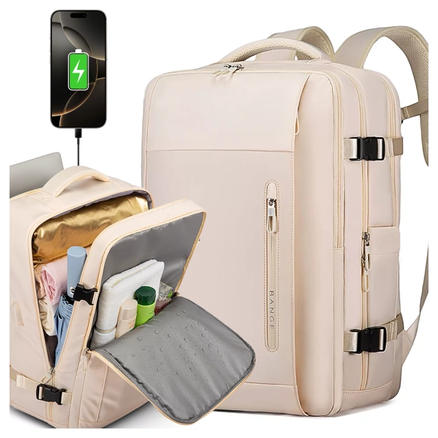 Plecak wodoodporny Bange na laptopa 15.6" miejski podróżny 46x31.5x20 cm do pracy samolotu męski damski z z gniazdem USB Beżowy