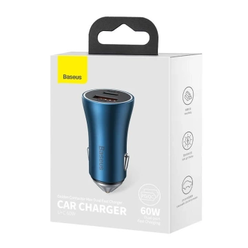 Ładowarka samochodowa Baseus Golden Contactor Max, USB + USB-C, 60W (niebieska)