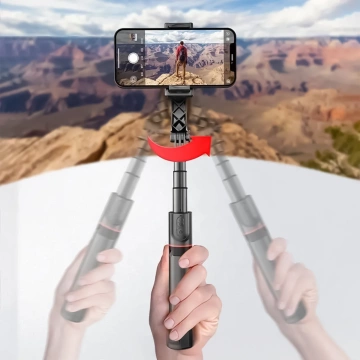 Gimbal stabilny Statyw z pilotem Bluetooth Selfie Stick Lampą LED oświetleniem obrotowy 360° 70cm Techsuit L19s Czarny