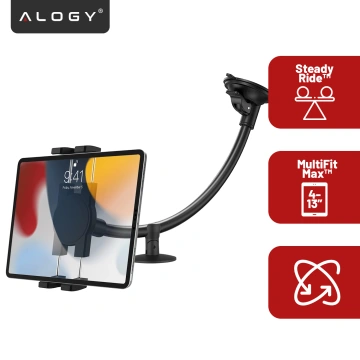 Uchwyt samochodowy na tablet telefon 4–13" – długie regulowane ramię, montaż na kokpit i szybę, stabilny i uniwersalny – Alogy SteadyRide™ Czarny