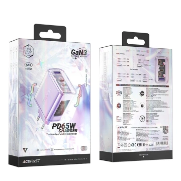 Ładowarka sieciowa Acefast A45 GaN 65W 3 porty USB (1xUSB, 2xUSB-C) fioletowa