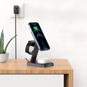 Acefast bezprzewodowa ładowarka Qi 15W do iPhone (z MagSafe), Apple Watch i Apple AirPods stojak podstawka uchwyt magnetyczny czarny (E3 black)