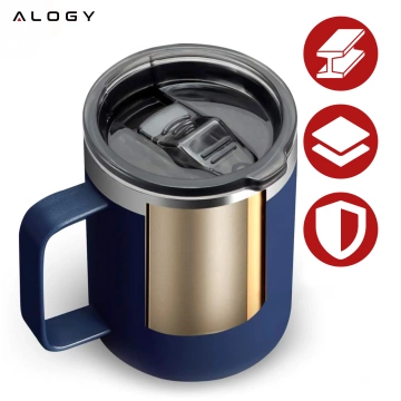 Thermobecher 420 ml mit Griffdeckel für Kaffee, Tee, kalte und warme Getränke aus Stahl, Alogy, Marineblau