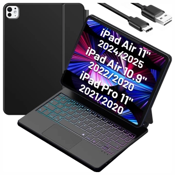 Tastaturhülle für Apple iPad Pro 11" (2021/2020), iPad Air 10,9" (2022/2020) und iPad Air 11" (2024/2025), mit Touchpad, LED-Hintergrundbeleuchtung, magnetischer Halterung und Alogy MagnetKeyboard™-Hülle – Schwarz