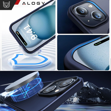 Etui do iPhone 15 Plus MagSafe Matt Case Cover matowe obudowa Alogy Ring pancerne na telefon Granatowe + Szkło