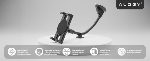 Uchwyt samochodowy na tablet telefon 4–13" – długie regulowane ramię, montaż na kokpit i szybę, stabilny i uniwersalny – Alogy SteadyRide™ Czarny