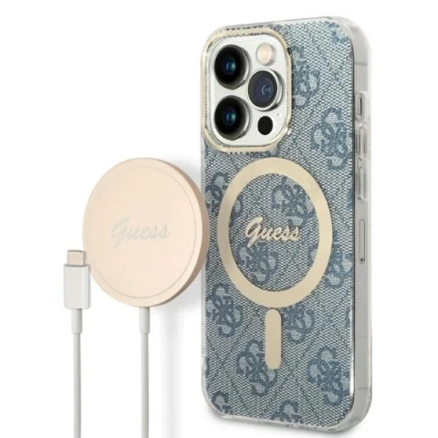Zestaw Guess GUBPP14XH4EACSB Case Charger iPhone 14 Pro Max 6,7" niebieski/blue Hartschalenetui 4G Print MagSafe