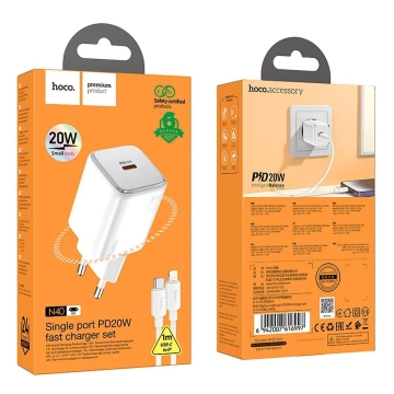 Ładowarka Hoco N40 20W USB-C + Kabel USB-C Lightning PD QC Biała