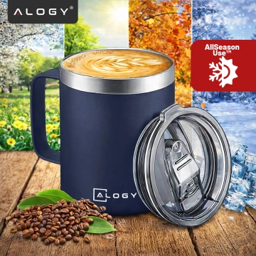 Thermobecher 420 ml mit Griffdeckel für Kaffee, Tee, kalte und warme Getränke aus Stahl, Alogy, Marineblau