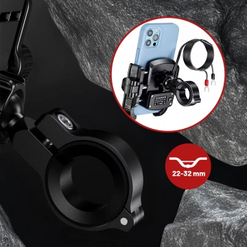 Kewig Motorrad-Handyhalterung mit 36-W-Schnellladefunktion (USB-C PD) für Lenker und Spiegel, 360°-Drehung, kompatibel mit Smartphones von 5,4 bis 7 Zoll – Schwarz