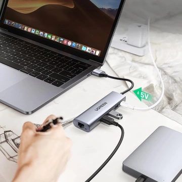 Adapter Ugreen CM266 USB-A 3.0 RJ45 3x USB-A micro USB Hub 5w1 Szary