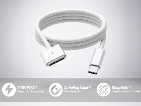 Kabel zasilający USB-C do MagSafe 3 – szybkie ładowanie 140W, przewód 2 m, do Apple MacBook, wytrzymały i bezpieczny – Alogy PowerLink™ Biały