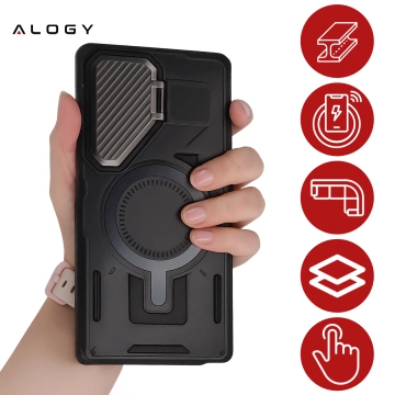 Etui do Samsung Galaxy S25 Ultra Case do MagSafe Wzmocniona Pancerna ochrona obiektywów z funkcją podstawki obudowa ochronna na telefon Alogy HeavyDuty Mag™️Czarne