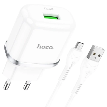 Ładowarka sieciowa HOCO USB A + kabel USB A do Micro USB QC3.0 3A 18W N3 biała