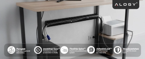 Sprężynowy organizer na kable pod biurko – elastyczna maskownica 50×4 cm, samoprzylepna, do porządkowania przewodów – Alogy CableStrip™ Czarny
