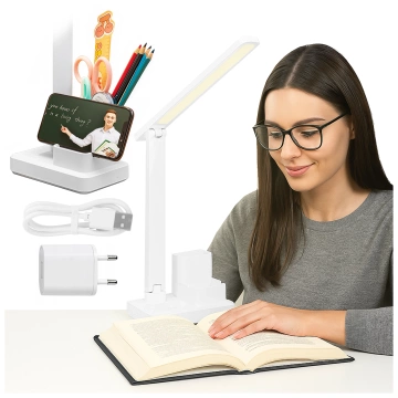 Lampka biurkowa nocna LED – akumulator 2400 mAh, organizer na długopisy i telefon, regulowane światło, idealna na biurko i do nauki – Alogy Light&Organize™ Biała