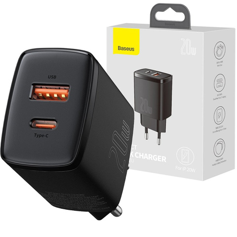 Baseus USB PD QC 3.0 20W schwarzes Wandladegerät