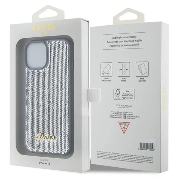 Etui Guess GUHCP15SPSFDGSS für iPhone 15 6,1" Silber/Silber Hardcase Pailletten Script Metal