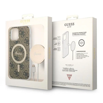 Zestaw Guess GUBPP12MH4EACSW Case+ Charger iPhone 12/12 Pro brązowy/brown hard case 4G MagSafe Print 