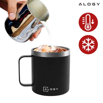 Thermobecher 420 ml mit Henkel und Deckel für Kaffee, Tee, Stahl, Kalt- und Heißgetränke, Alogy Black