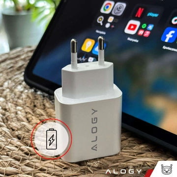 Ładowarka sieciowa szybka 30W USB-C USB typ C GaN PD do iPhone kostka Alogy Biała + Kabel USB-C 1m