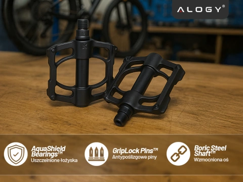 Pedały rowerowe Alogy do roweru szosowego i górskiego platformowe MTB aluminiowe komplet 2szt Aluminium z potrójnym łożyskiem Czarne