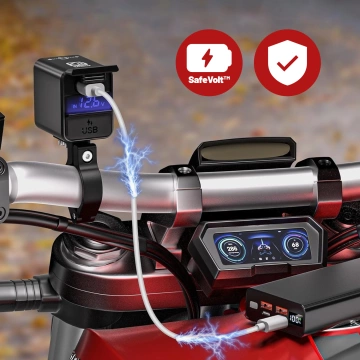 Ładowarka Motocyklowa Kewig, Uniwersalna Aluminiowa 100W, Dwukierunkowa z Woltomierzem, Szybkie Ładowanie USB-A i USB-C, Inteligentna i Wodoodporna – Czarna