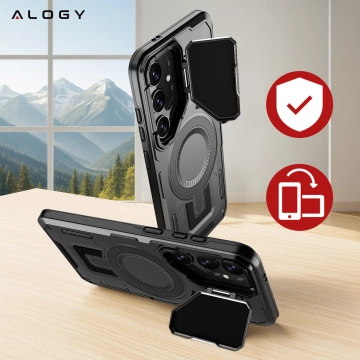 Samsung Galaxy S25 Schutzhülle mit MagSafe-Verstärkung, verstärktem Linsenschutz und Standfunktion, Alogy HeavyDuty Mag™️ Schwarz