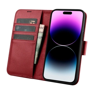 Etui na telefon iCarer Wallet Case 2in1 do iPhone 14 Pro Max skórzany pokrowiec z klapką Anti-RFID czerwony