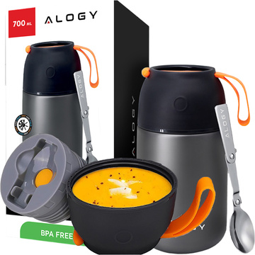 Termos pojemnik obiadowy na jedzenie żywność zupę lód  dla dzieci 700ml Alogy ze stali nierdzewnej + składana łyżeczka termiczny szary