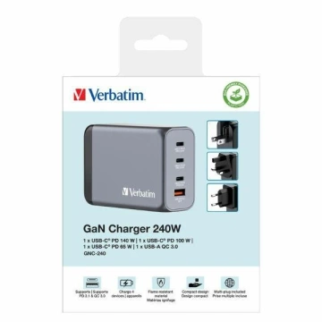 Verbatim GaN 240W Wandladegerät 3xUSB-C/USB-A grauer Adapter