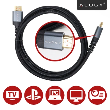 Kabel HDMI 2.1 1.5 m, 4K/8K Alogy Ultra High Speed™ 48 Gbps 60Hz, Premium z Pozłacanymi Końcówkami, Nylonowy Oplot, Miedziany – Czarny