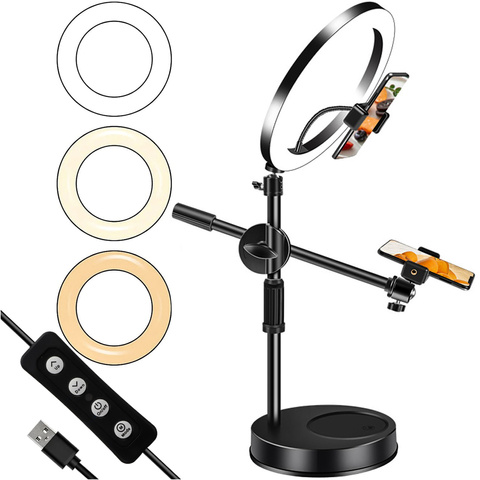 Lampa pierścieniowa LED Ring 10" 2x uchwyt na telefon stojąca statyw na biurko regulowane ramie Alogy Czarna