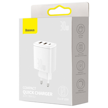 Ładowarka sieciowa Baseus Compact Quick Charger 2xUSB USB-C PD QC 3.0 3A 30W Biała