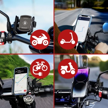 Kewig Motorrad-Handyhalterung mit 36-W-Schnellladefunktion (USB-C PD) für Lenker und Spiegel, 360°-Drehung, kompatibel mit Smartphones von 5,4 bis 7 Zoll – Schwarz