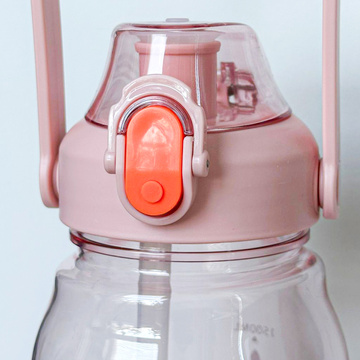 Motivierende Trinkflasche mit Strohhalm, 1,5 l, Erinnerung, motivierender Messbecher, Henkel, rosa