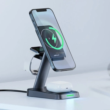 Acefast bezprzewodowa ładowarka Qi 15W do iPhone (z MagSafe), Apple Watch i Apple AirPods stojak podstawka uchwyt magnetyczny czarny (E3 black)