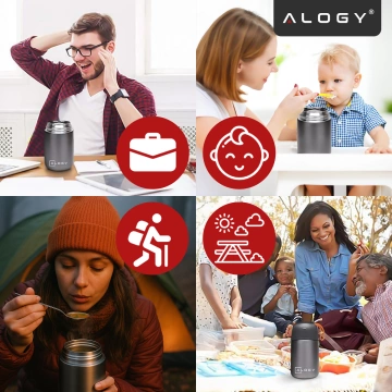 Termos pojemnik obiadowy na jedzenie żywność zupę lód  dla dzieci 700ml Alogy ze stali nierdzewnej + składana łyżeczka termiczny szary